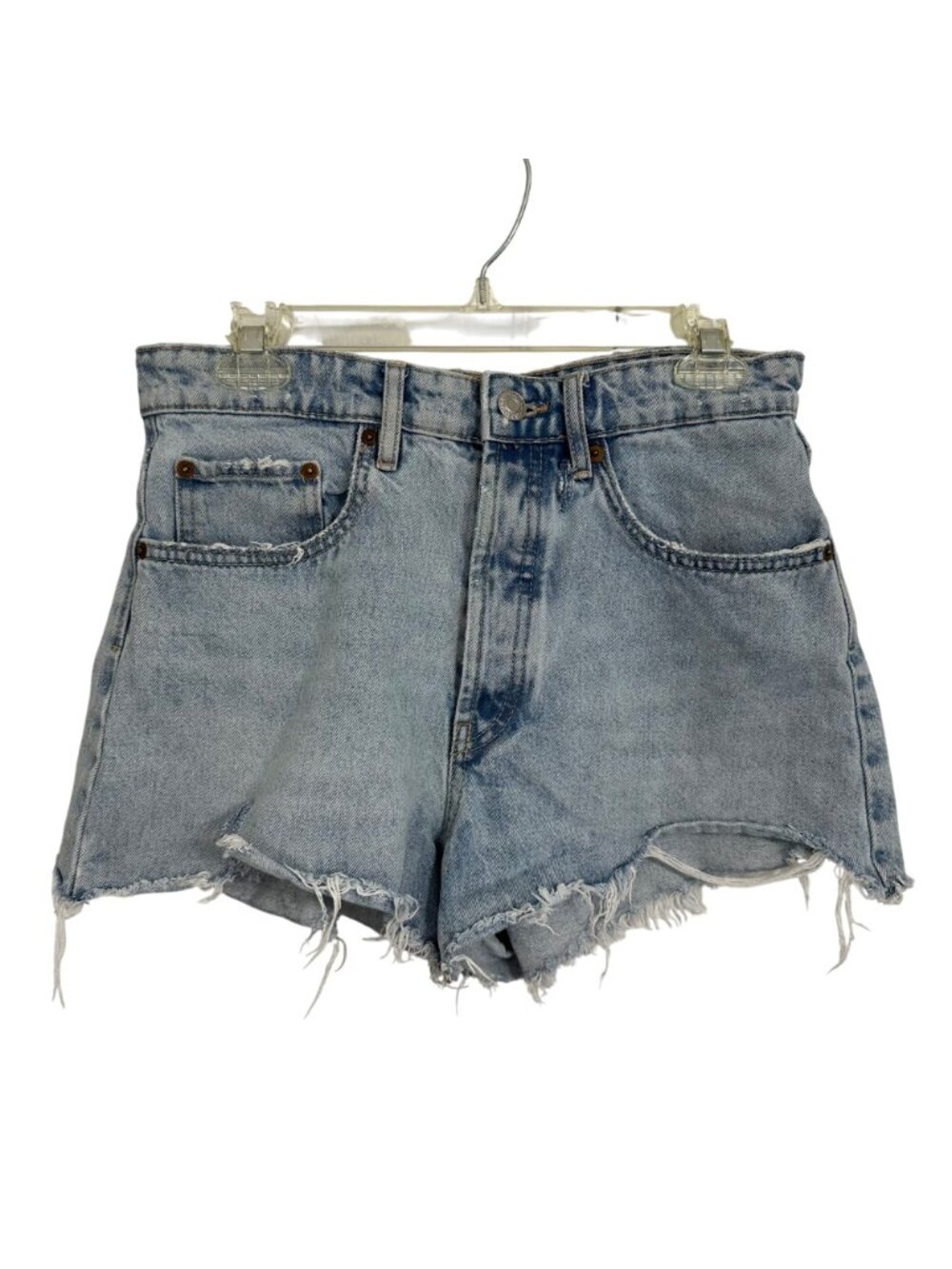 High-Waisted Distressed Button Up Denim Shorts Frayed Hem Zara Size 6 Beach - Picture 2 of 8